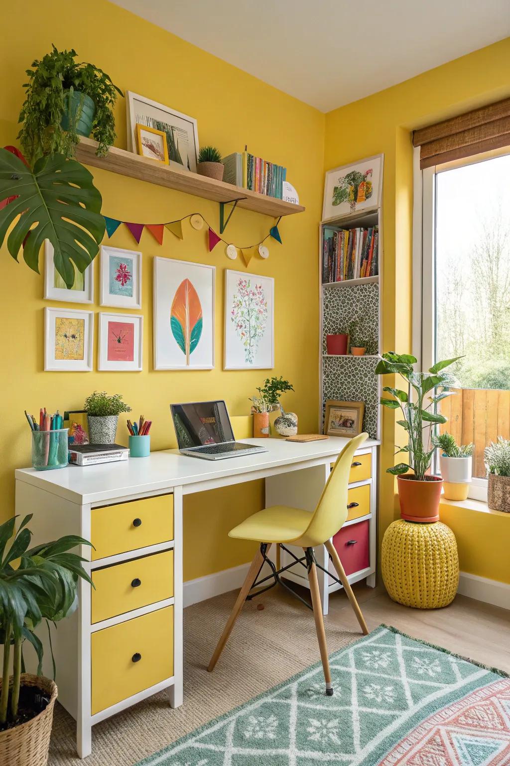 A home office featuring a golden sunlight accent wall for a lively atmosphere.