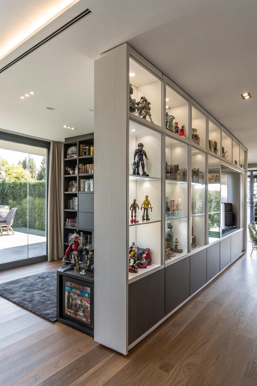 Room dividers with shelves offer function and display in one.