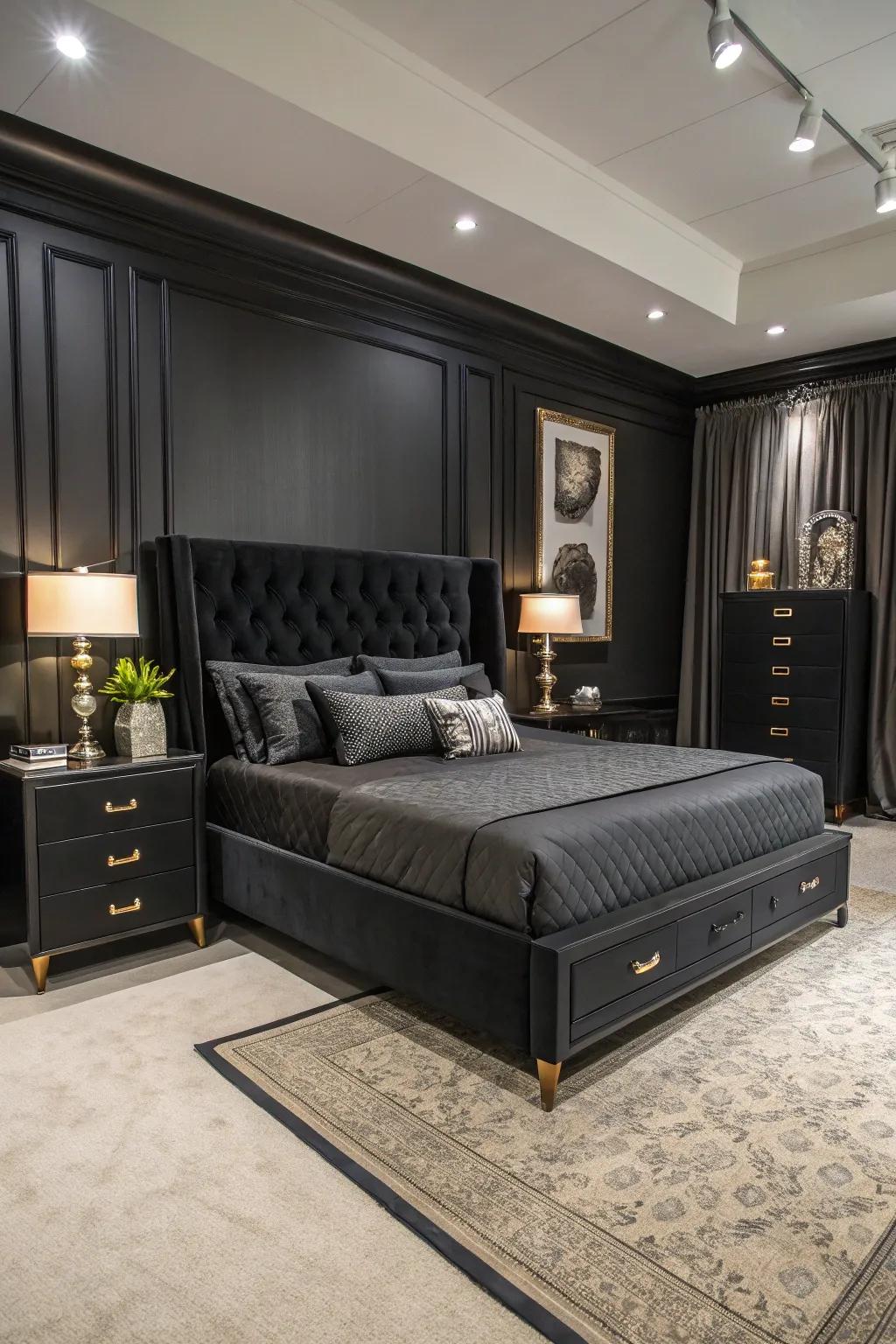 A charcoal boudoir exhibiting refined and modern furnishings.