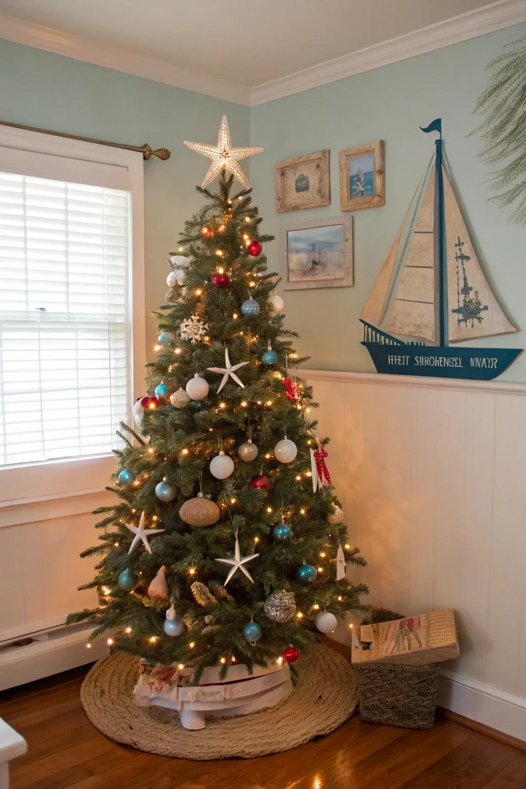 A Christmas tree inspired by maritime themes, embellished with decorations that evoke the ocean.