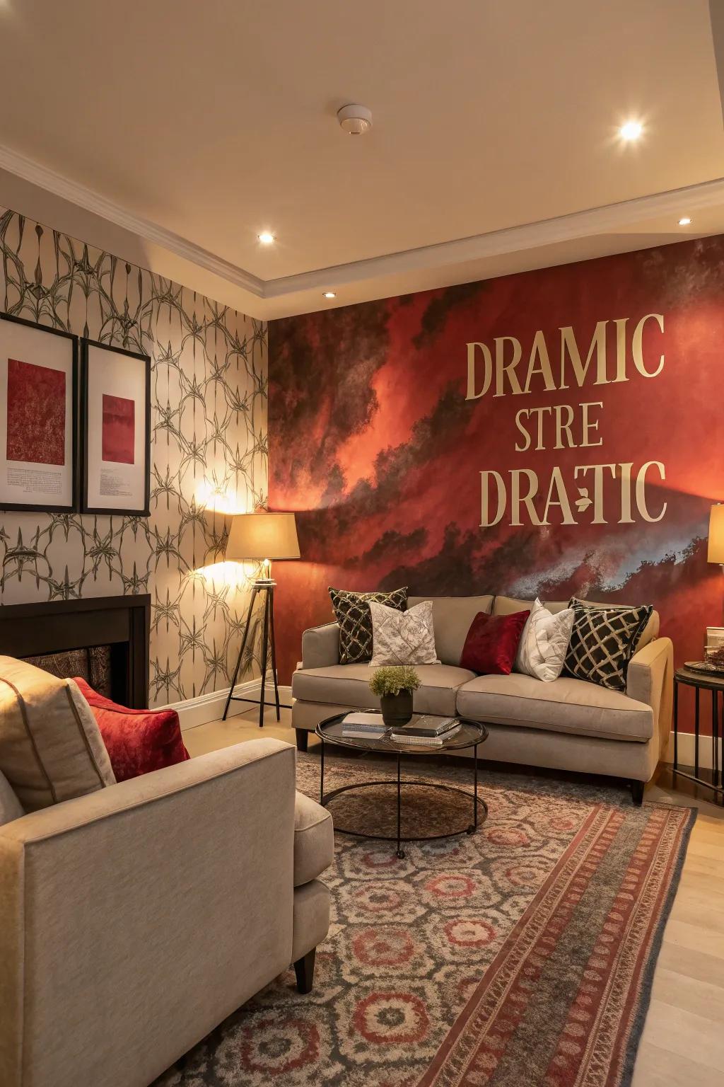 A living area with a striking statement wall.