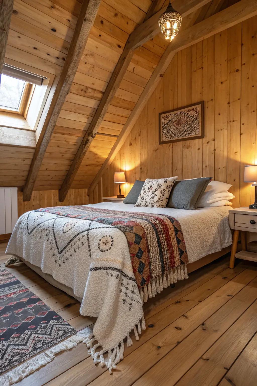 Textured tiers introduce dimension and intrigue to an Airbnb bedroom.