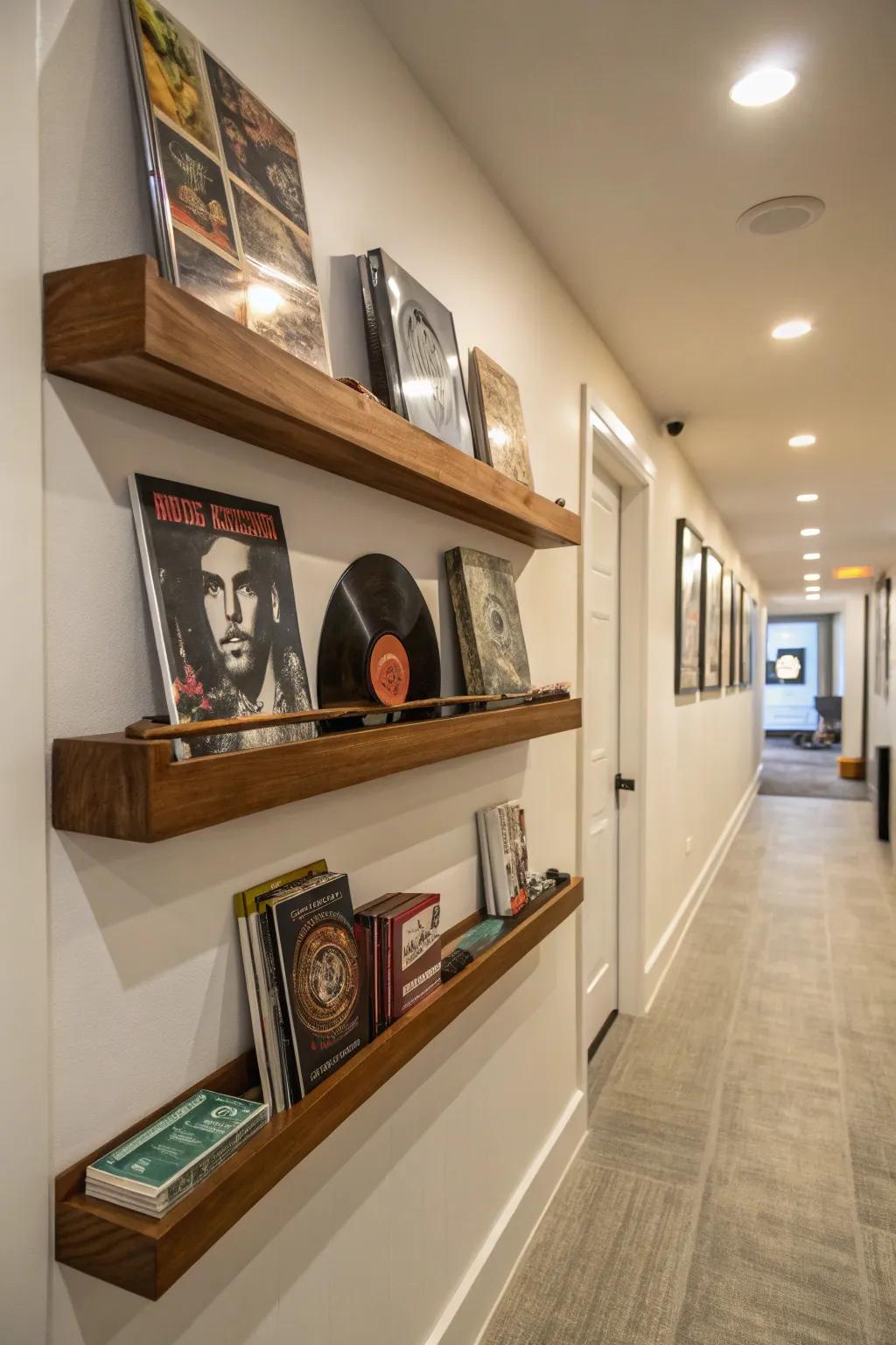 Wall-mounted shelves displaying vinyl records as exquisite wall art.