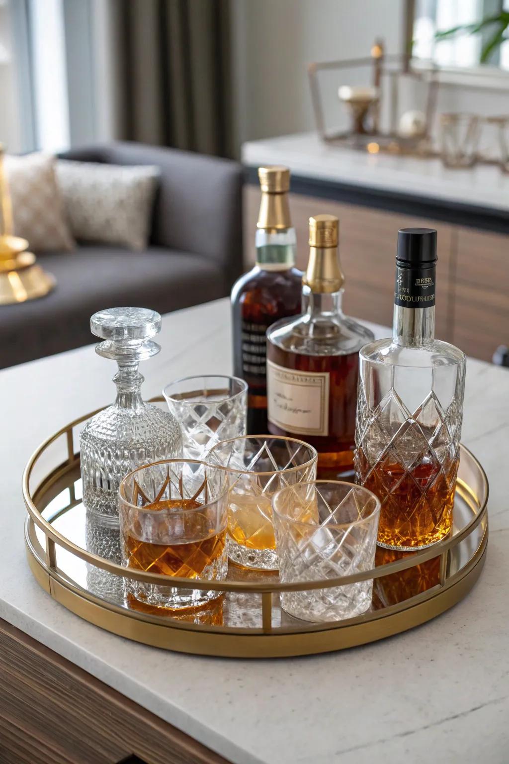 A stylish tray on a table elegantly displaying assorted spirit bottles and glasses.