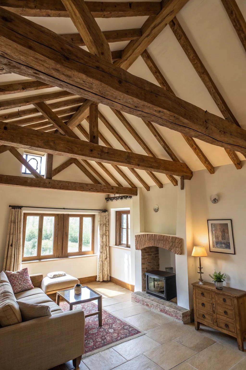 Open beams imparting rustic charm to a colonial-style chamber.