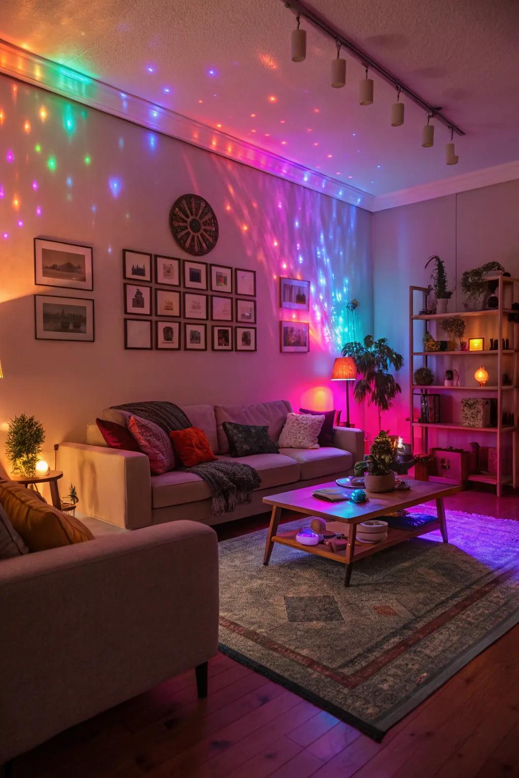 A living room filled with vibrant colored lights for a lively atmosphere.