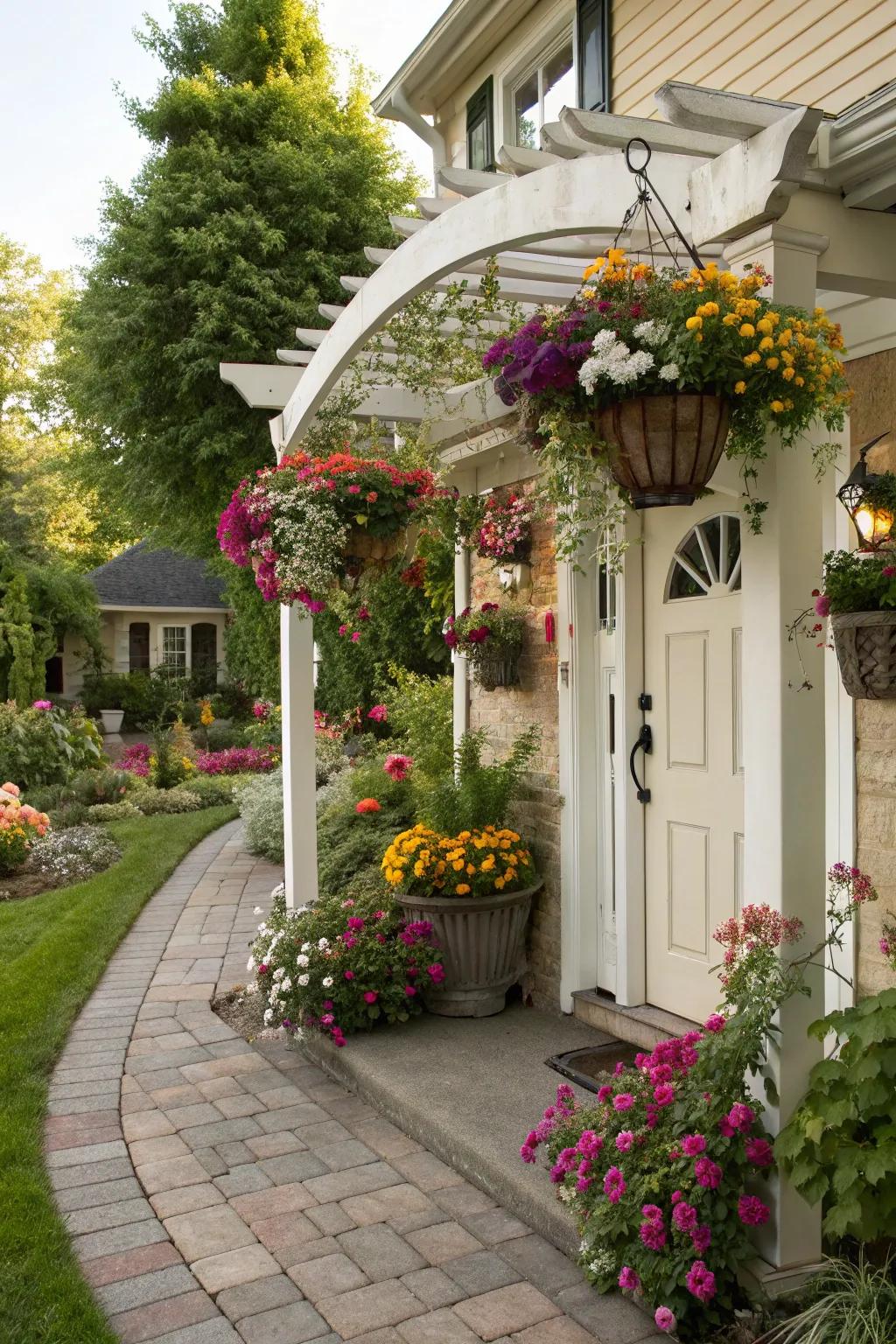 Hanging baskets on an arbor for a dynamic and organic entrance.