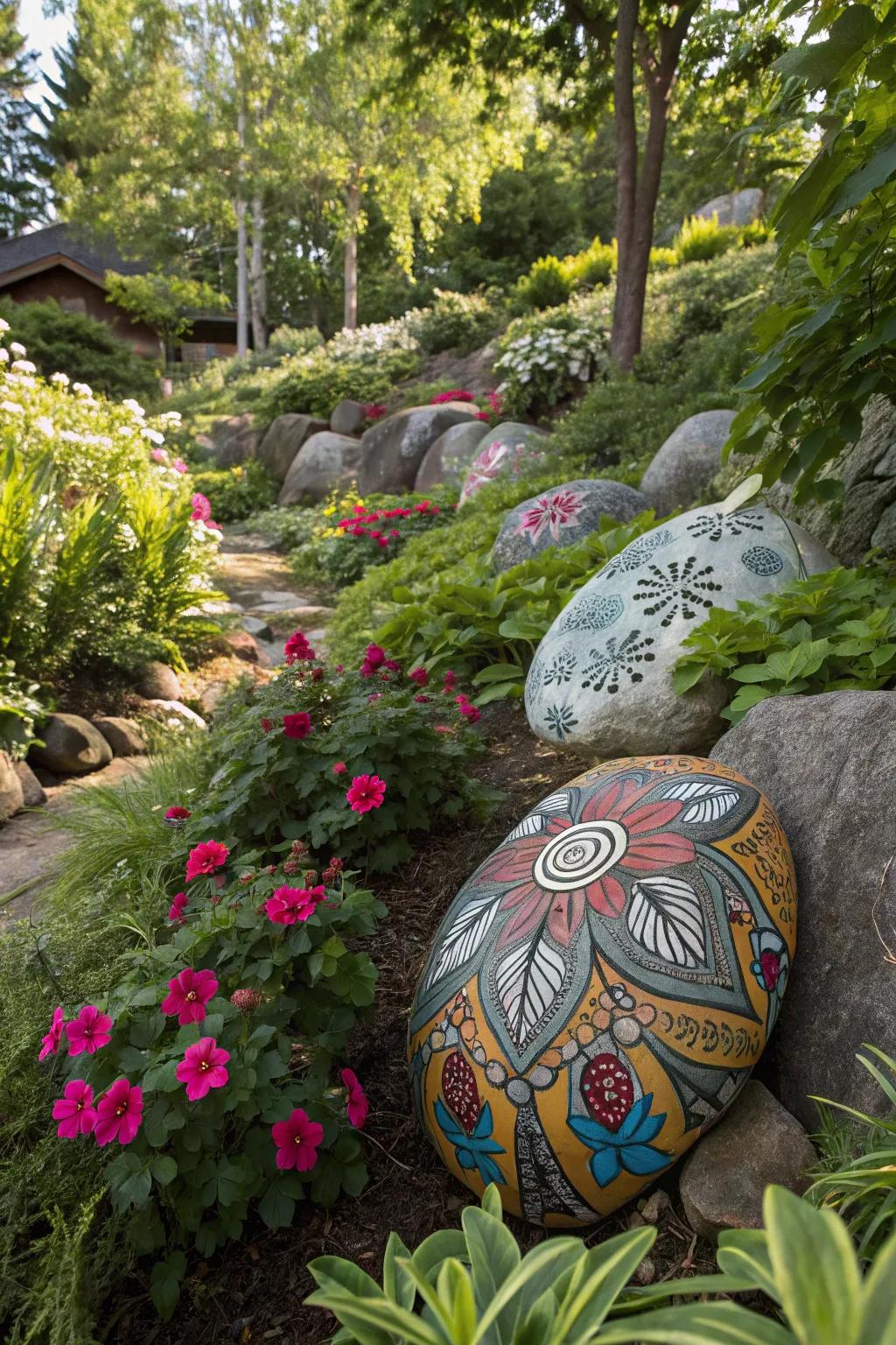 Painted pebbles with shining designs add an enchanting and artistic touch to this garden.
