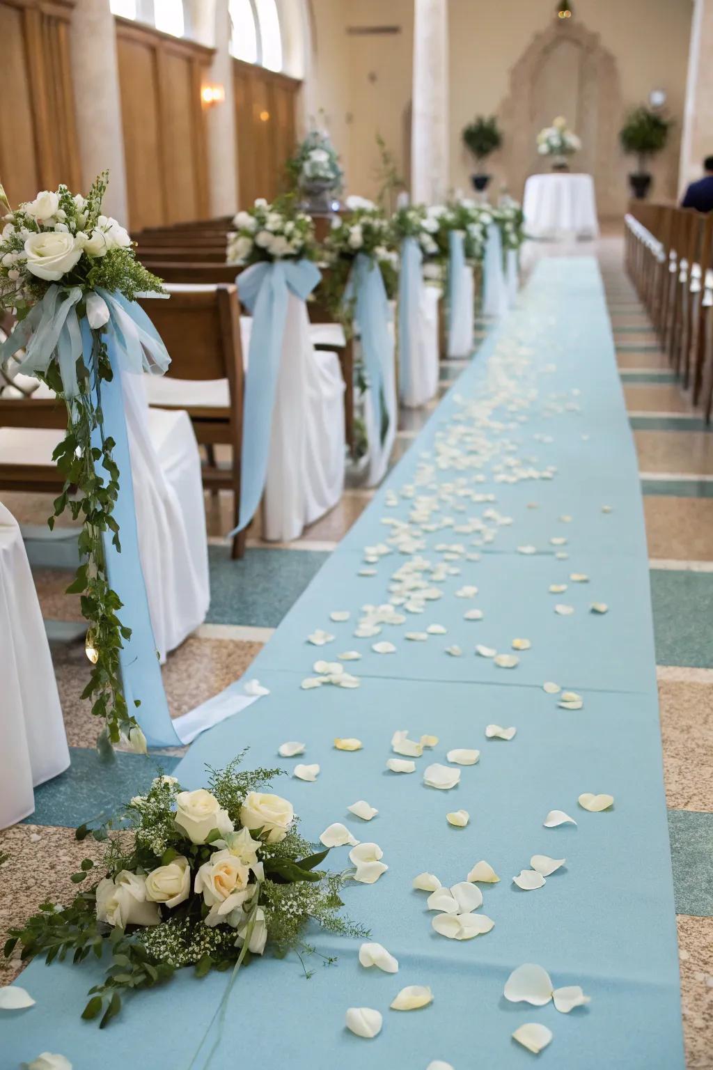 A pale azure aisle runner establishes a romantic pathway for the ceremony.