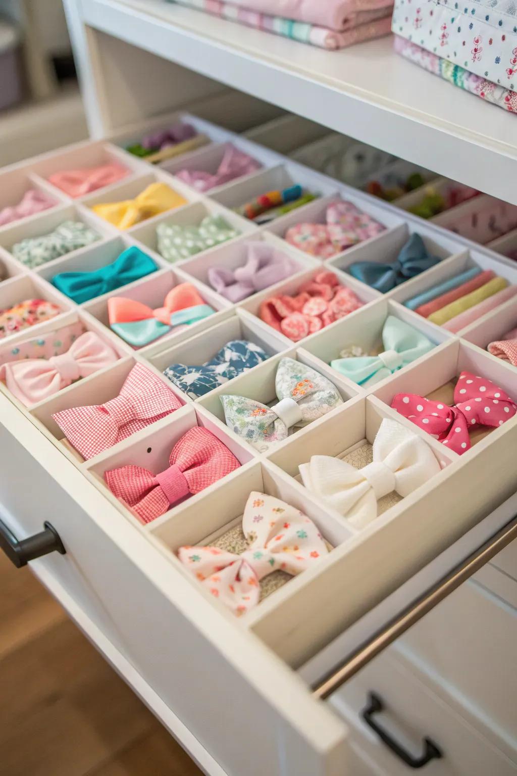 Well-organized drawer sections for baby bows.