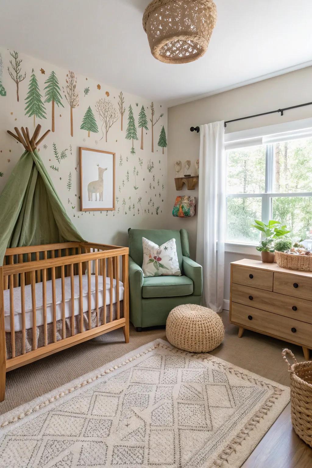 A woodland-themed nursery featuring earthy shades and forest creatures.