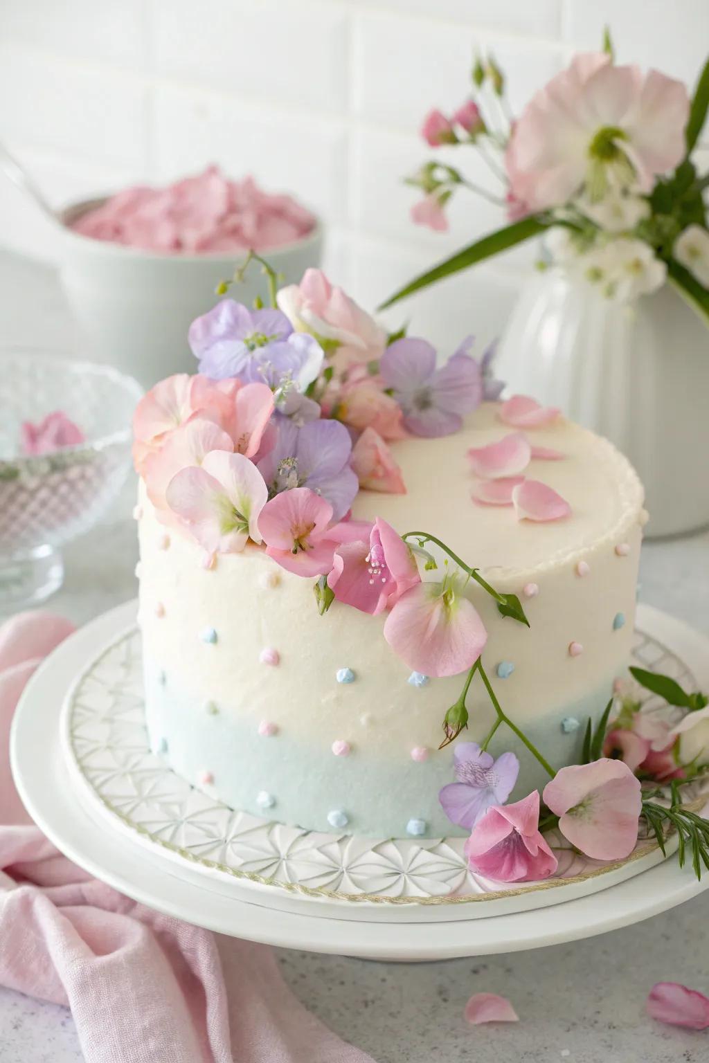 A simple yet graceful cake featuring sweet-pea flowers for a baby boy shower.