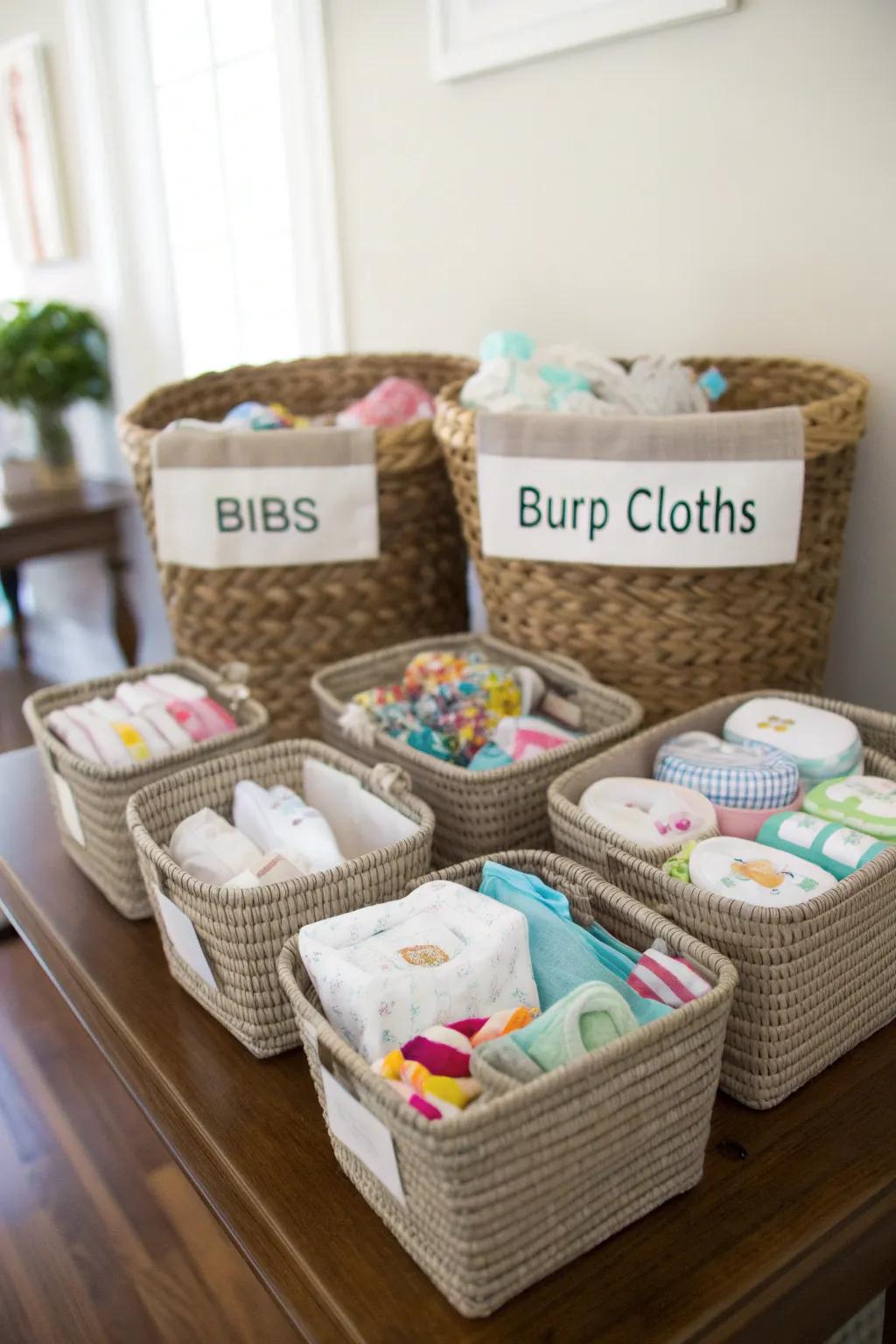 Labeled baskets provide easy access to baby essentials.