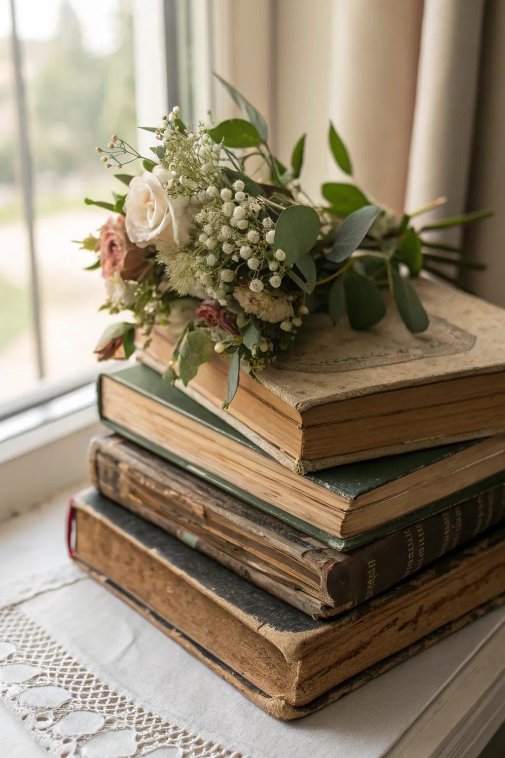 Literary-inspired centerpiece featuring vintage volumes and blossoms.