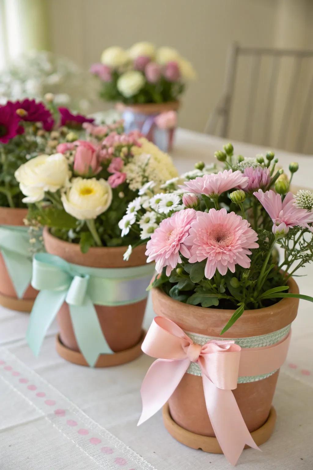 Floral vessels accompanied by bands furnish a revitalizing and cultured aspect.
