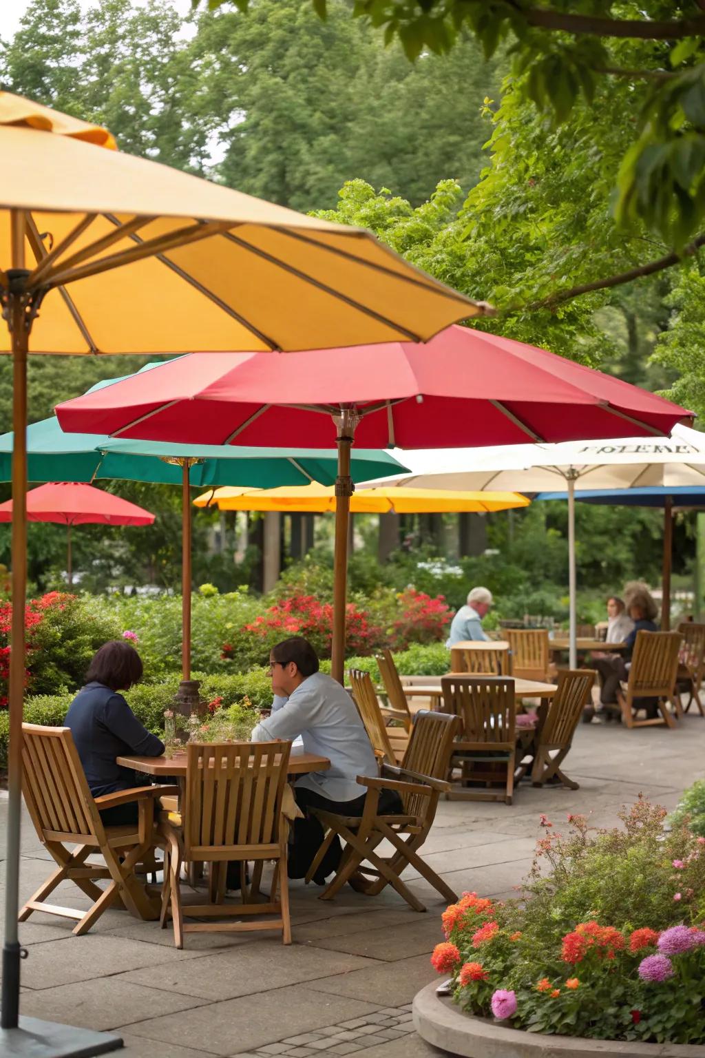 Outdoor seating zone featuring umbrellas and canopies for shade.