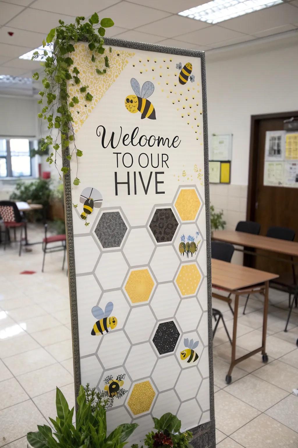 A bee-themed bulletin board to promote community and cooperation.