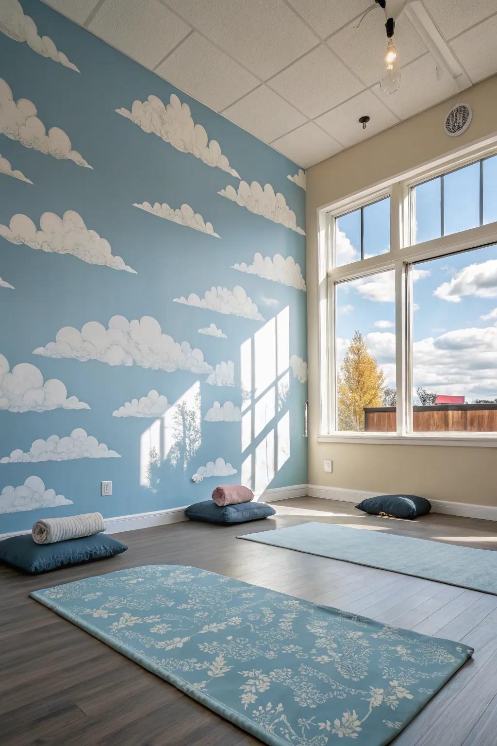 A meditation room with a sky-themed wall featuring a soft blue sky and clouds.