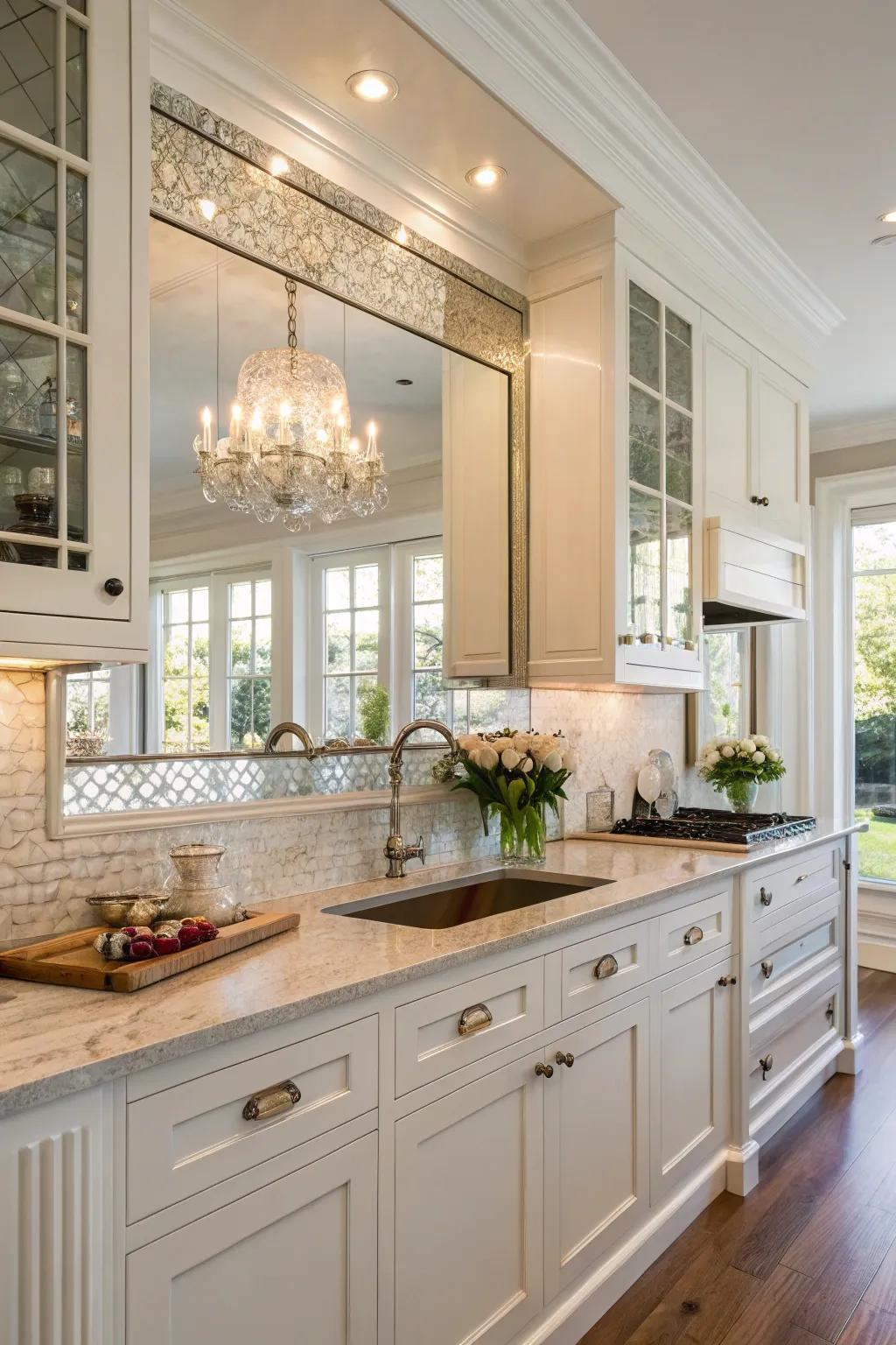 Add glamor using a reflective mirrored backsplash.