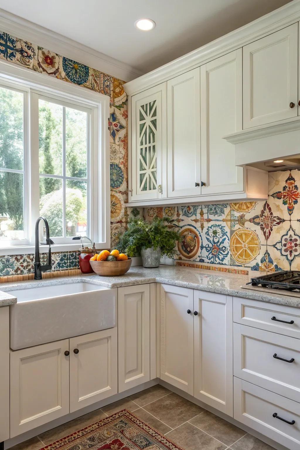 Hand-painted tiles infuse a distinctive artistic flair into this white kitchen.