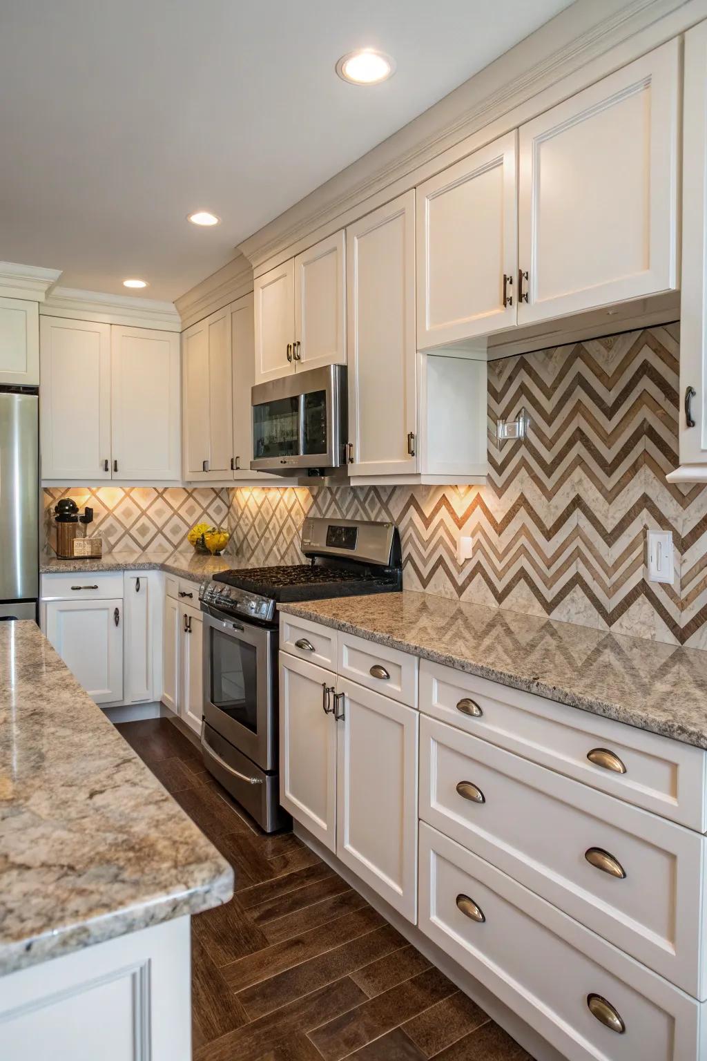 Angle pattern tiles append a modern perimeter to fantasy brown granite.