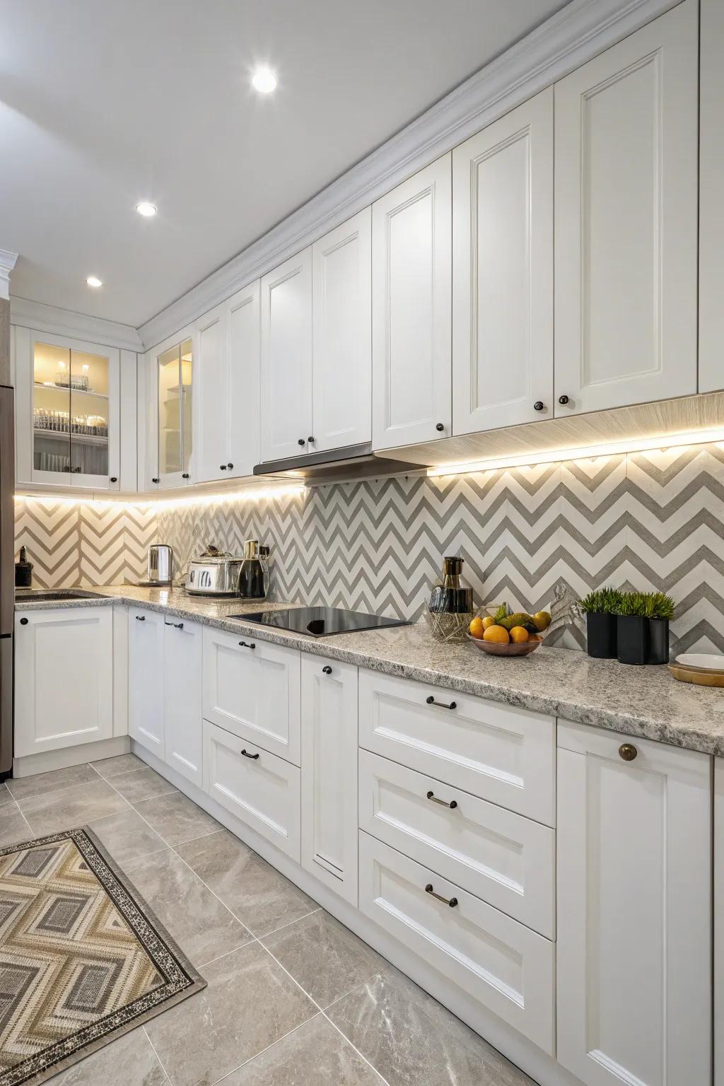 Chevron patterns give the kitchen design a sophisticated flow.