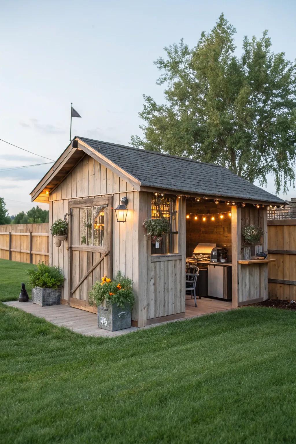 Country charm with a farmhouse-style BBQ shed.