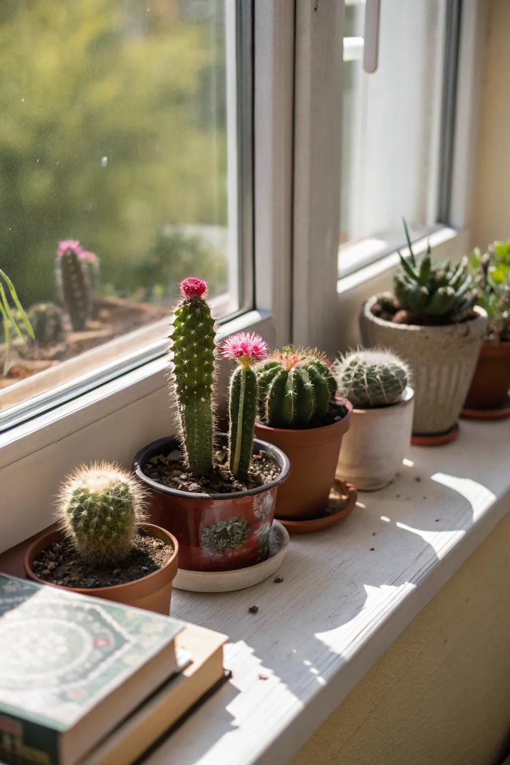 A charming miniature cactus world on a window sill or shelf.