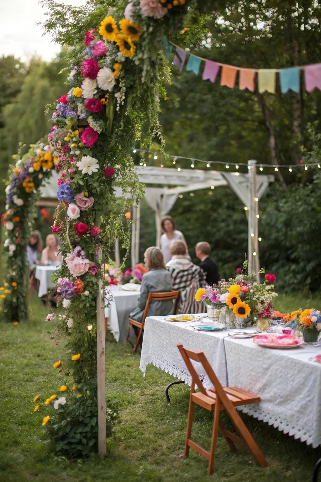 Handcrafted botanical garlands contribute a rustic charm to the garden celebration.
