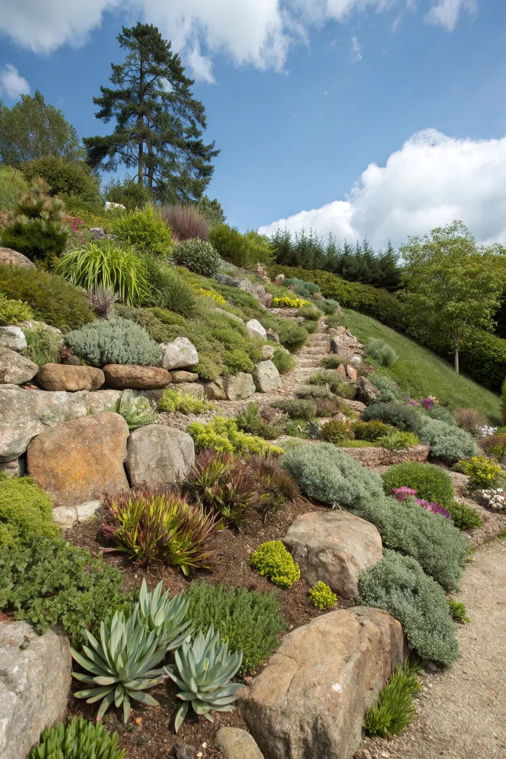Stone gardens are a beautiful way to use a slope’s natural features.