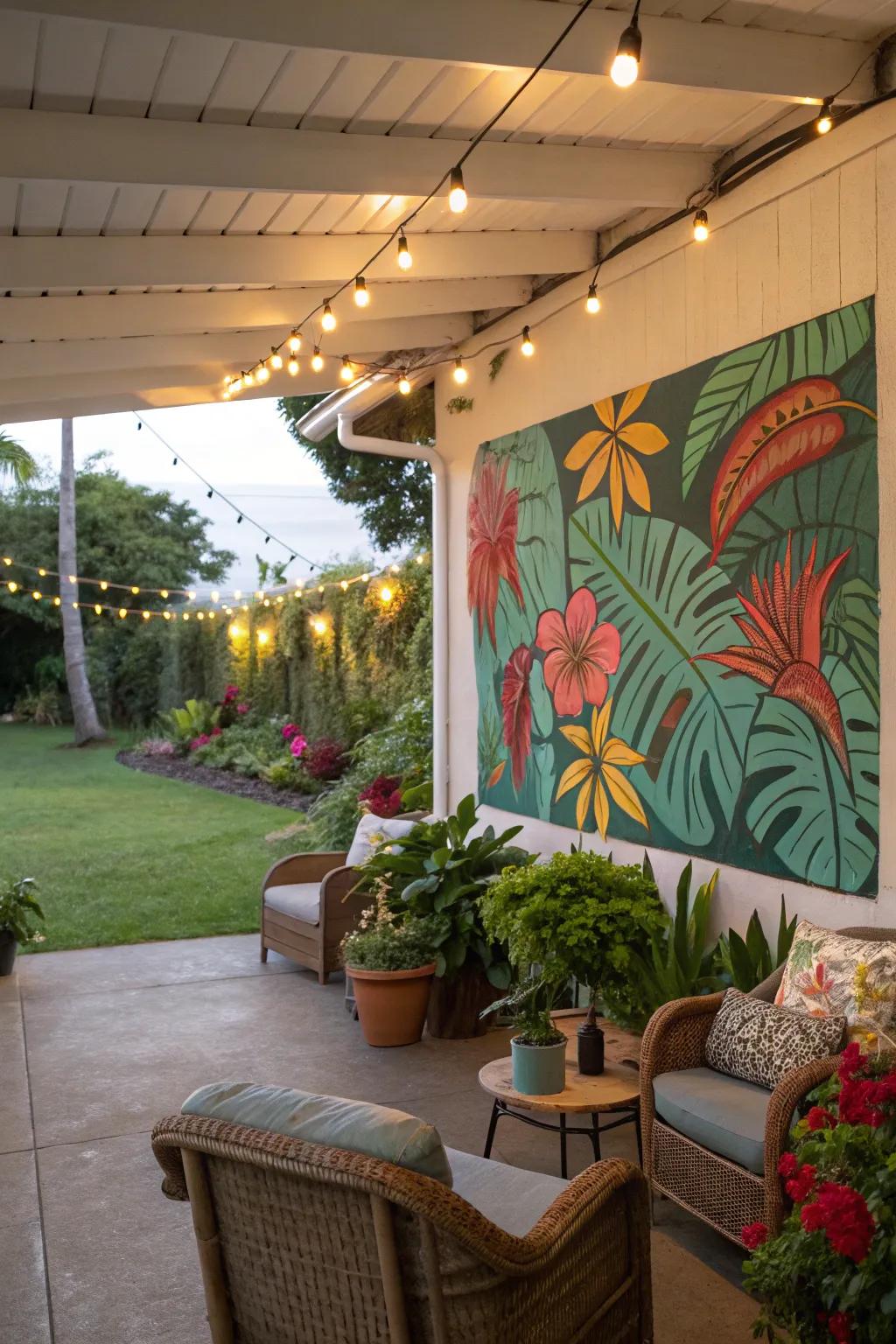 An artistic accent wall adds a splash of personality to a lanai.