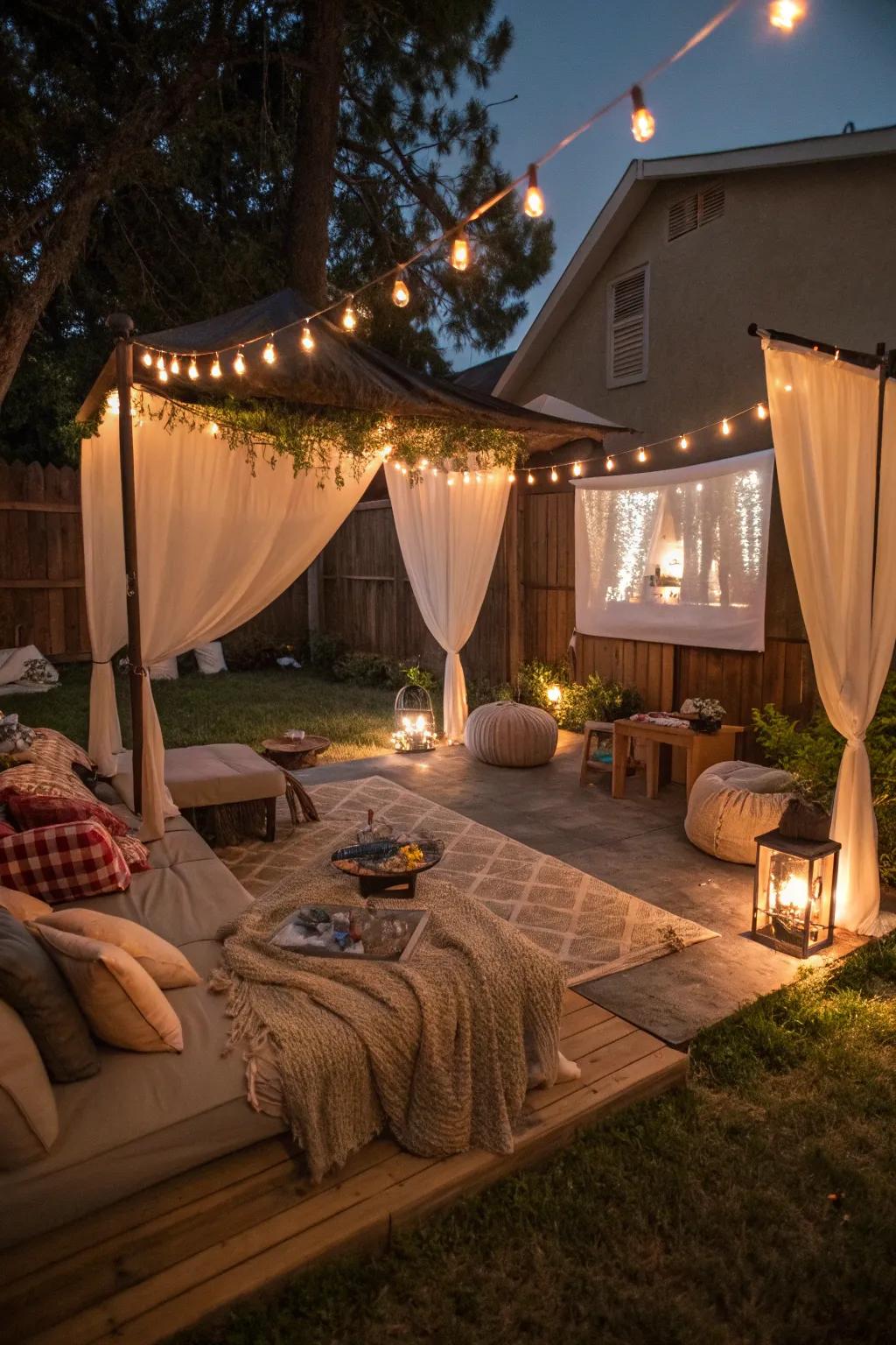 Canopy tents establish a personal and sophisticated film night environment.