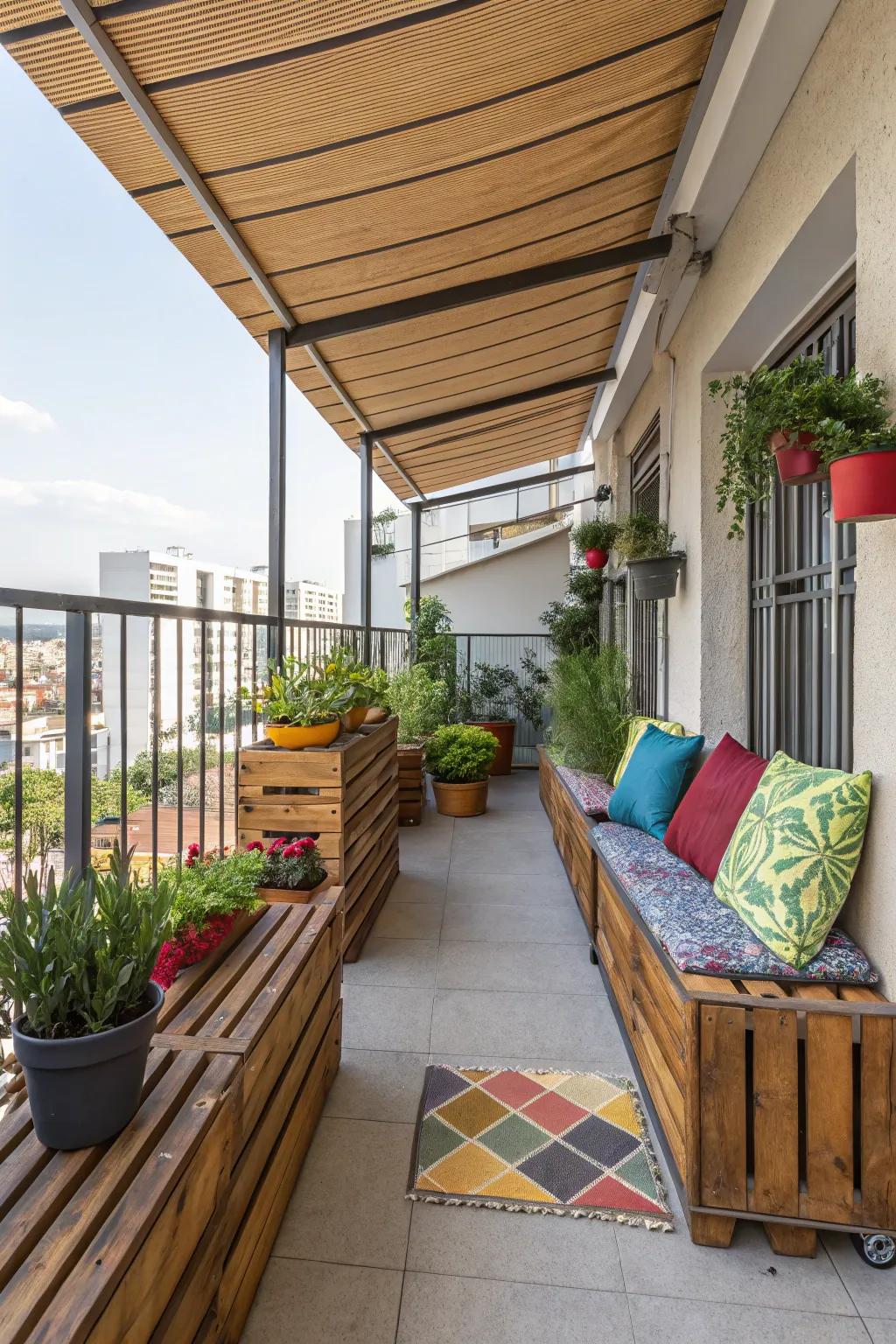 An eclectic blend of textures and colors offering shade on a balcony.