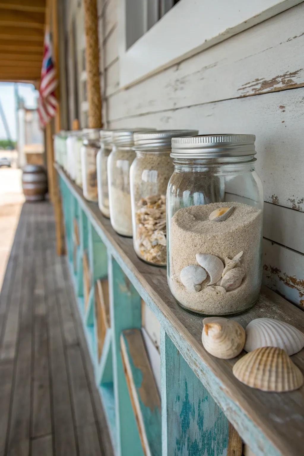 Seaside-inspired decor incorporating preserving containers introduces a coastal vibe indoors.