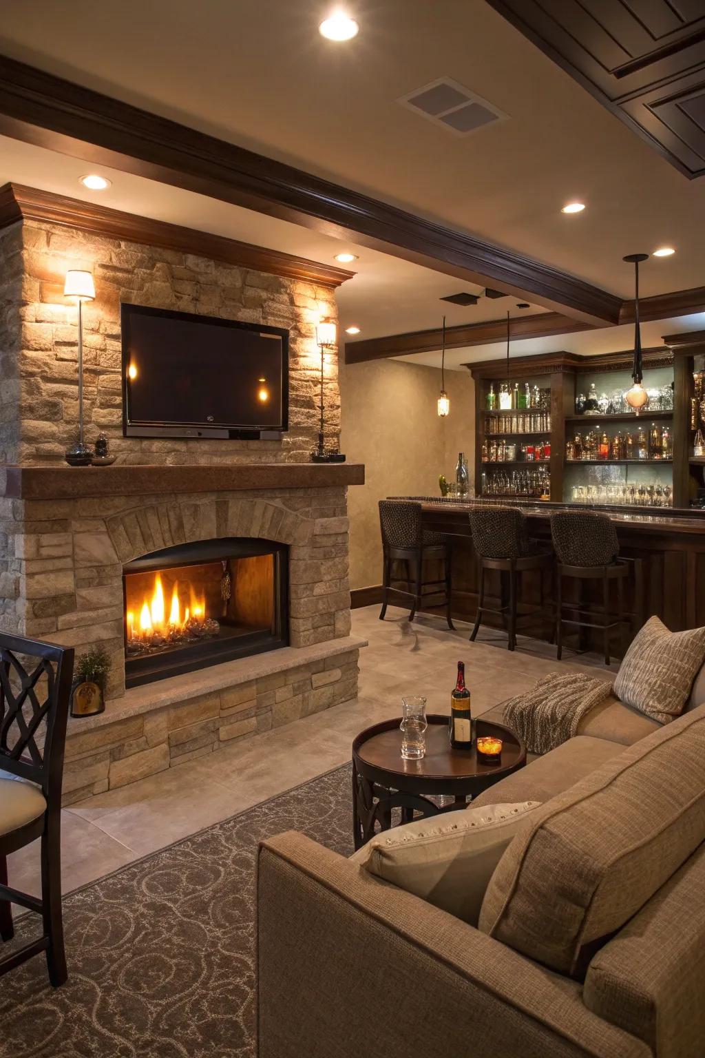 A fireplace creates a warm and inviting bar environment.