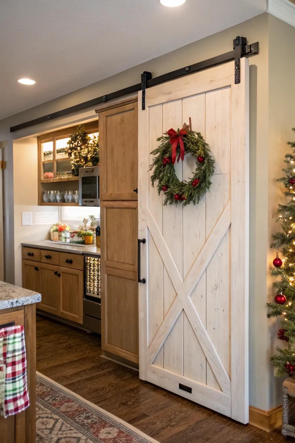 A kitchen showcasing a sliding barn door pantry, ornamented with a seasonal wreath.