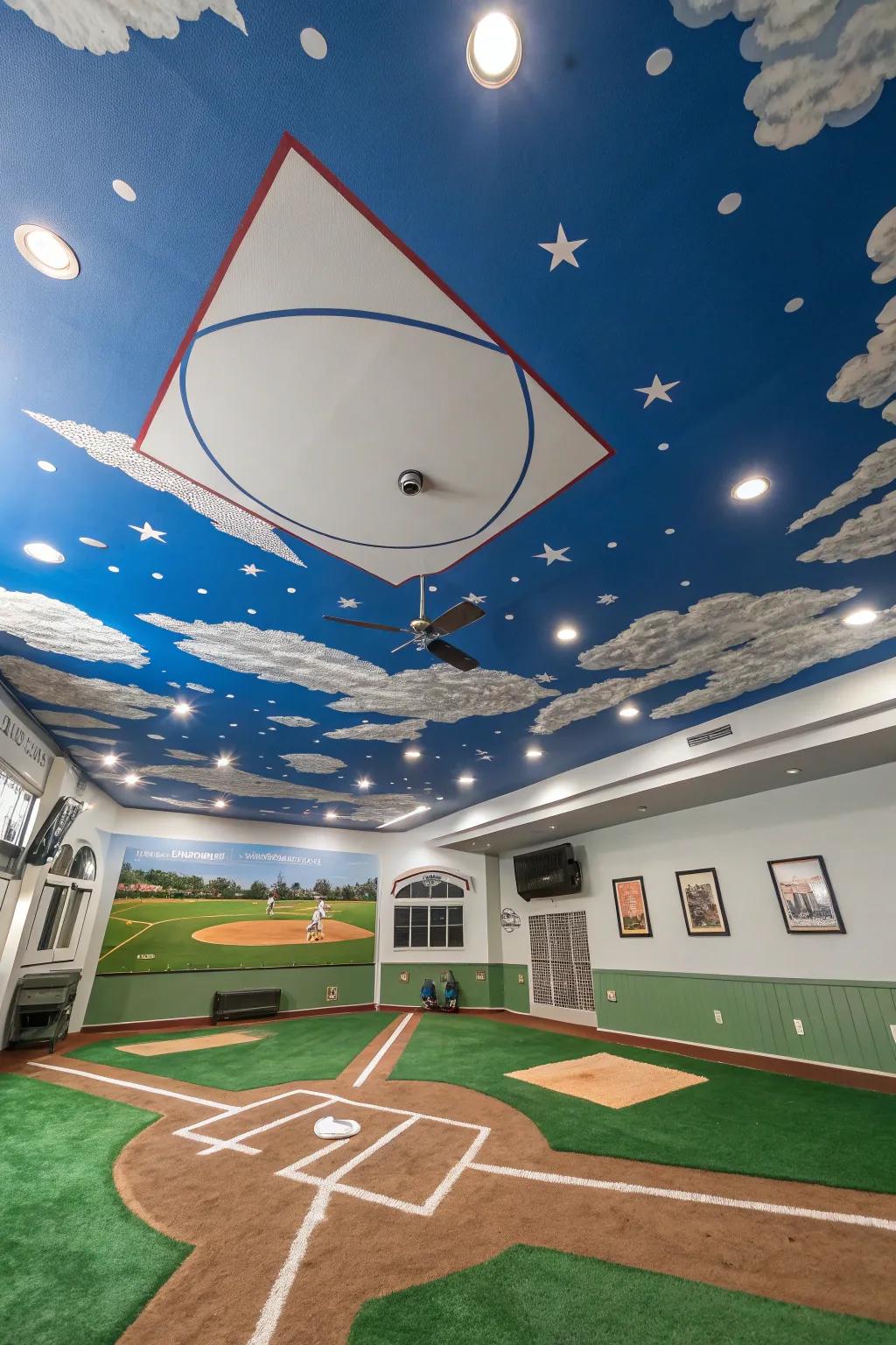 A ceiling styled as a baseball field delivers an engaging, immersive ambiance.