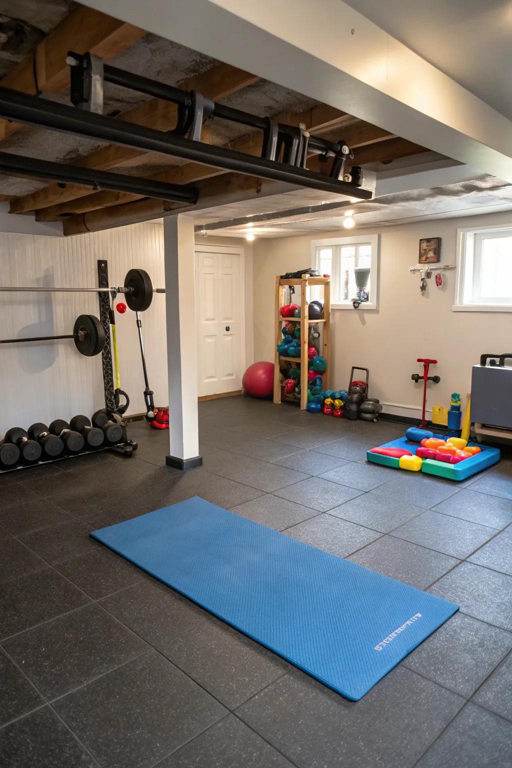 Flexible flooring offers durability and comfort for active areas.