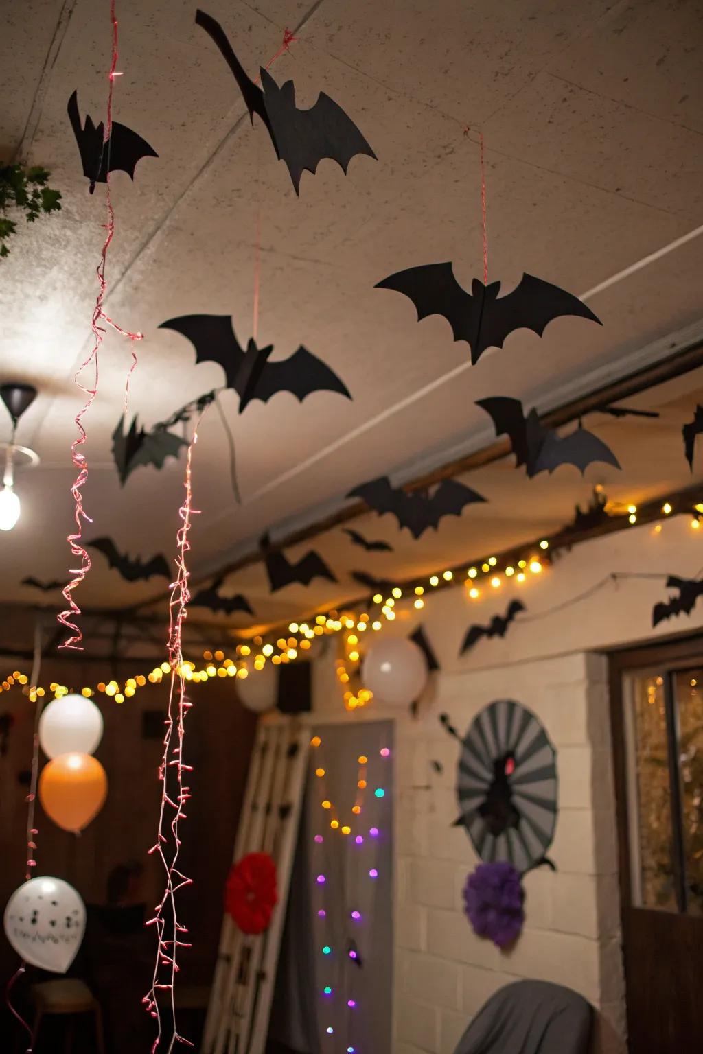 Hanging bats establish a sense of motion and joy.