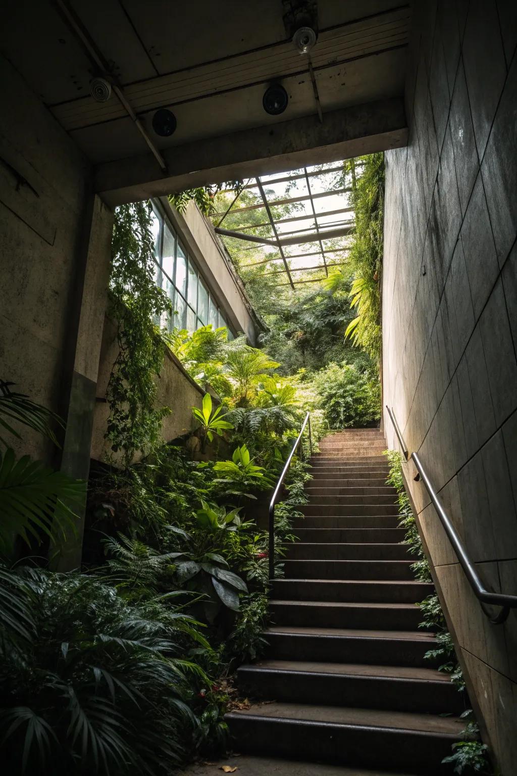 An indoor garden transforms the stairway into a revitalizing sanctuary.