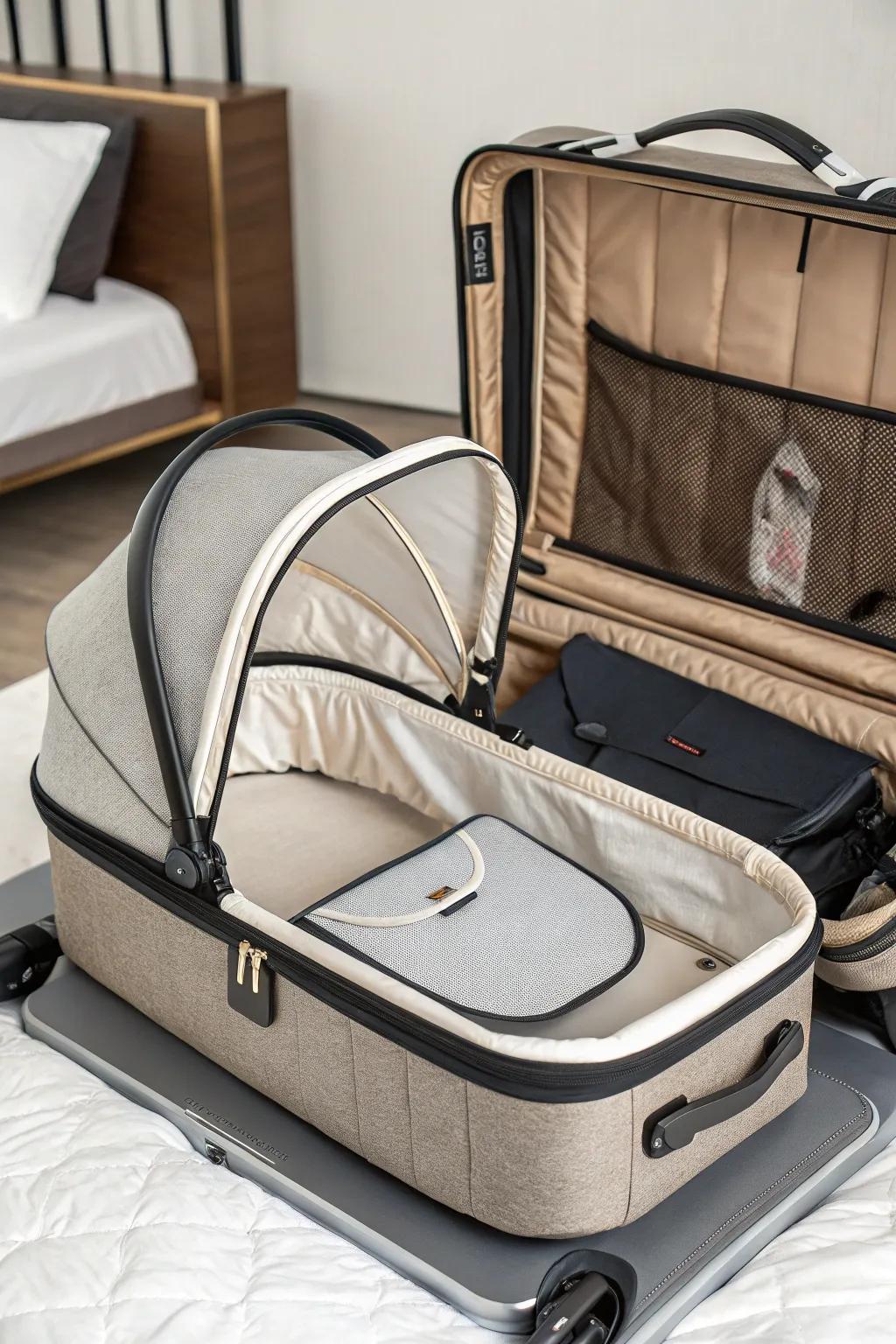 Travel smoothly with a portable baby bed.