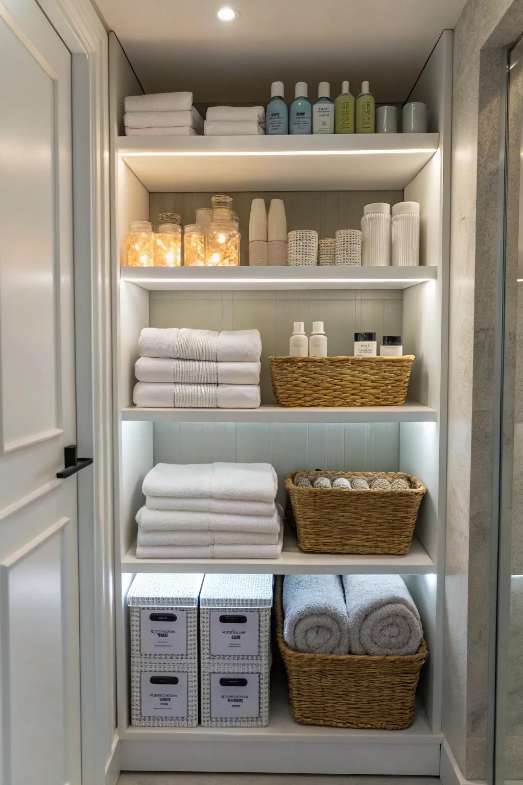 LED lighting improving the look of an organized bathroom closet.
