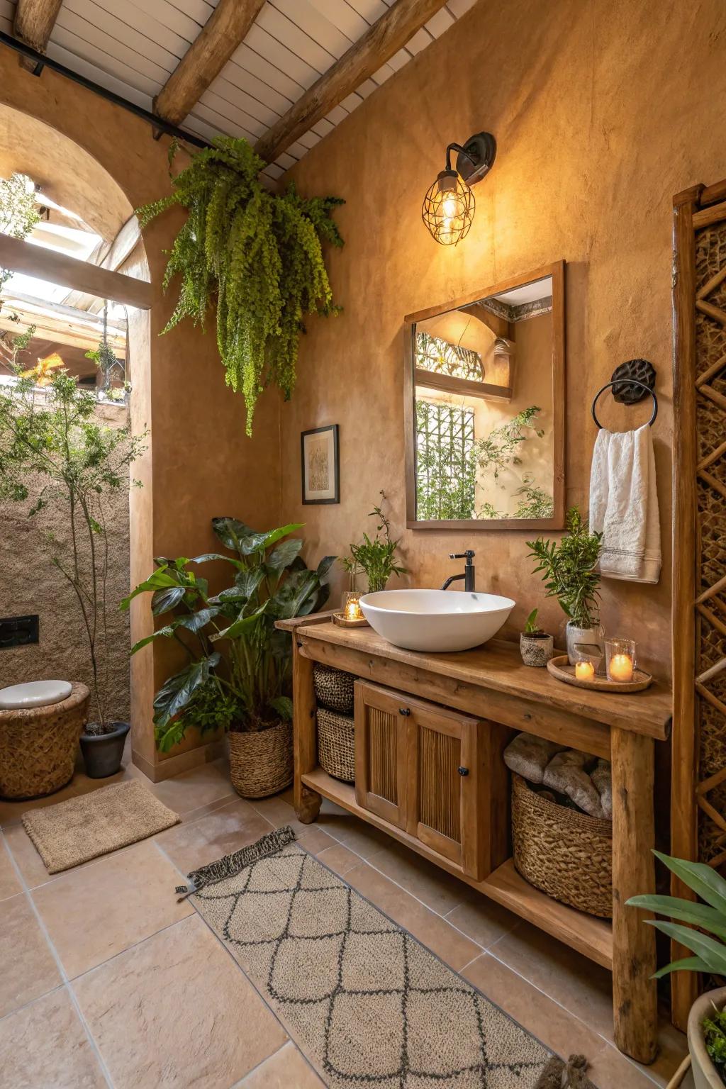 Comforting earth shades cultivate a warm and inviting bathroom atmosphere.