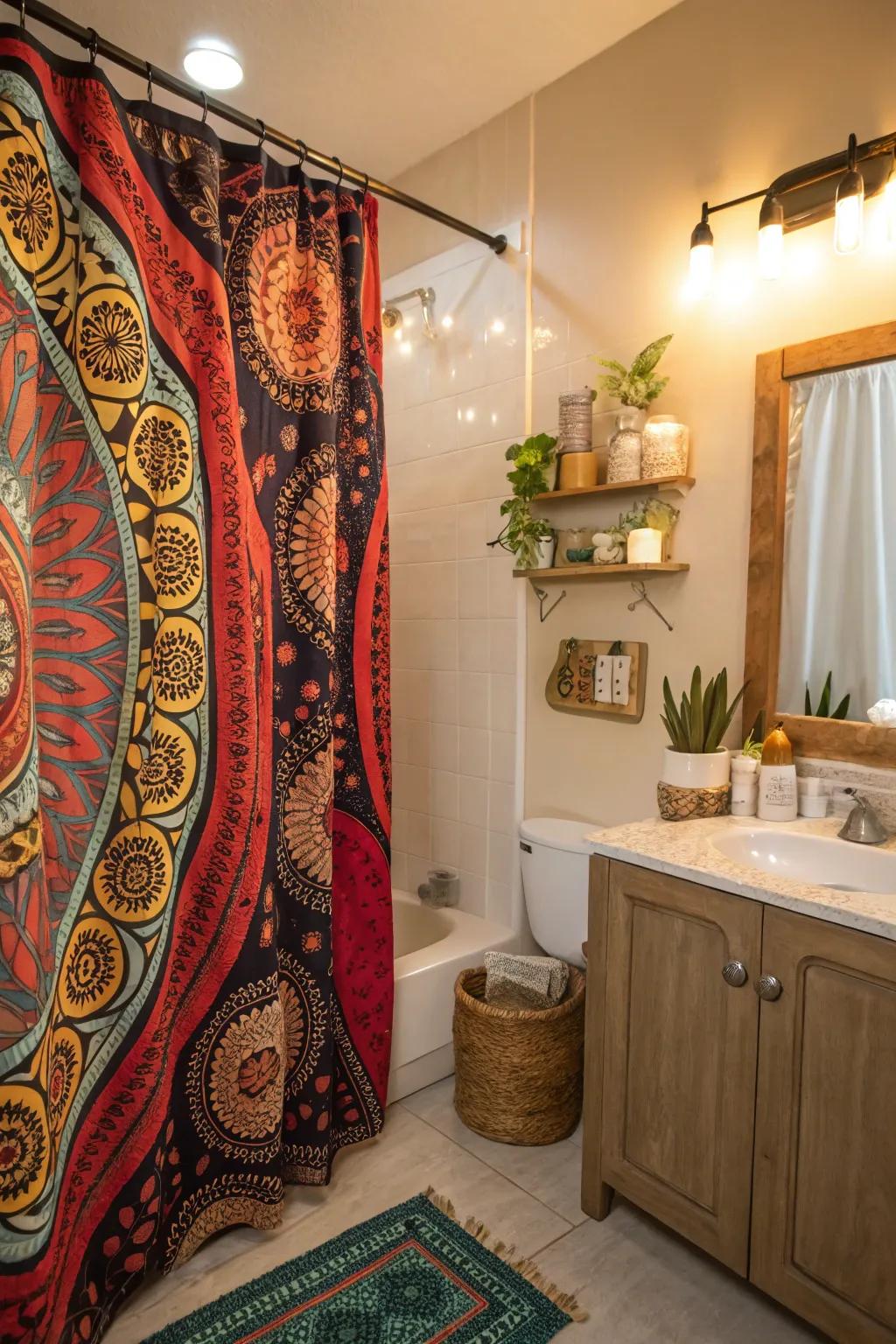 Your restroom gains a lively and creative feel from bohemian coverings.