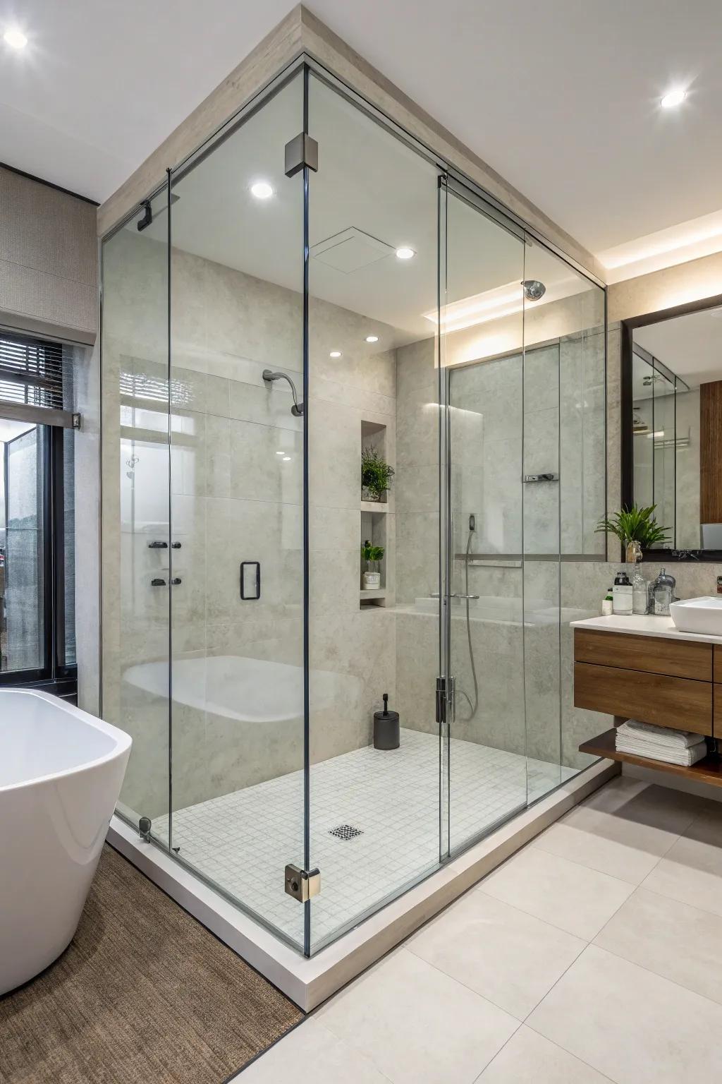 A modern bathroom with a frameless glass shower enclosure, presenting transparency and grace.