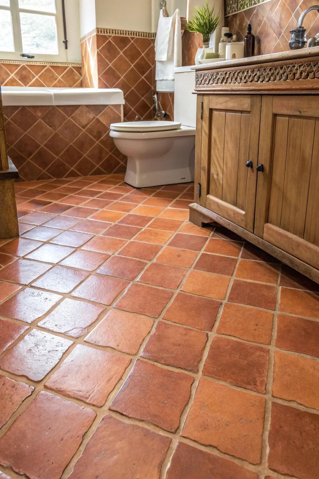 Baked clay floorings present warmth and charm to your washroom area.