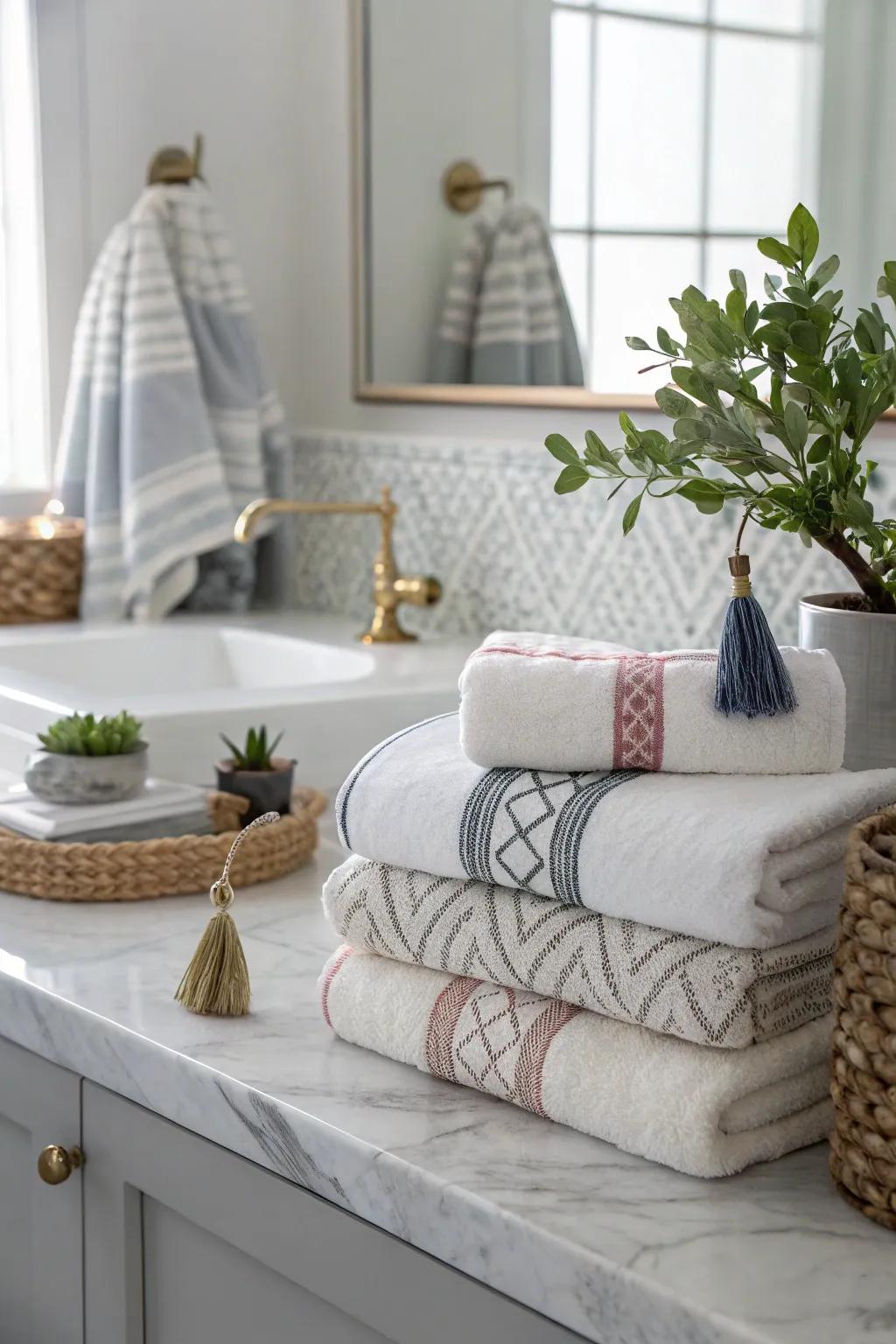 Stratified towels complemented by accessories fashion a fashionable exhibit.
