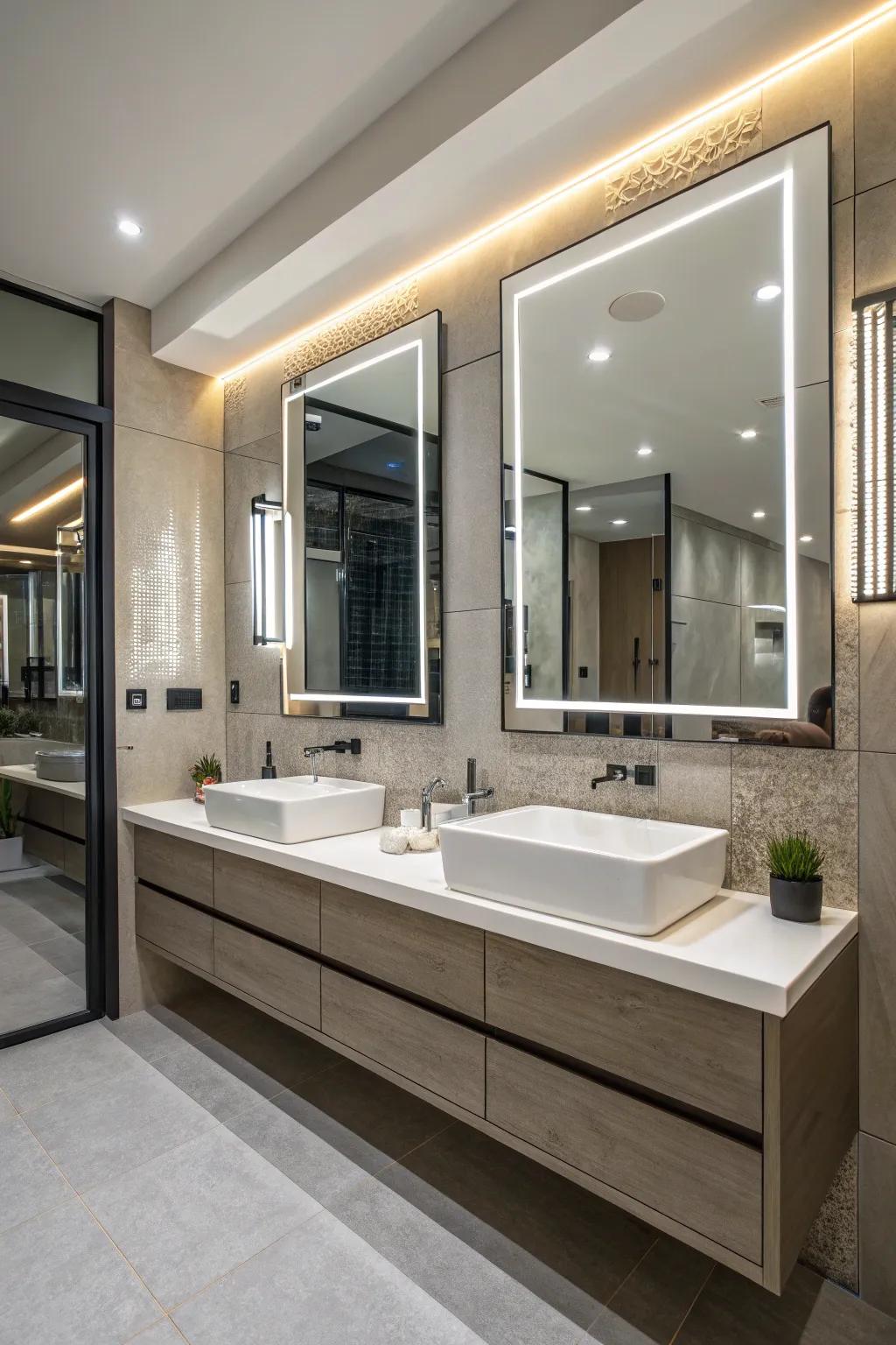 LED strips around mirrors ensure balanced lighting and a modern look.
