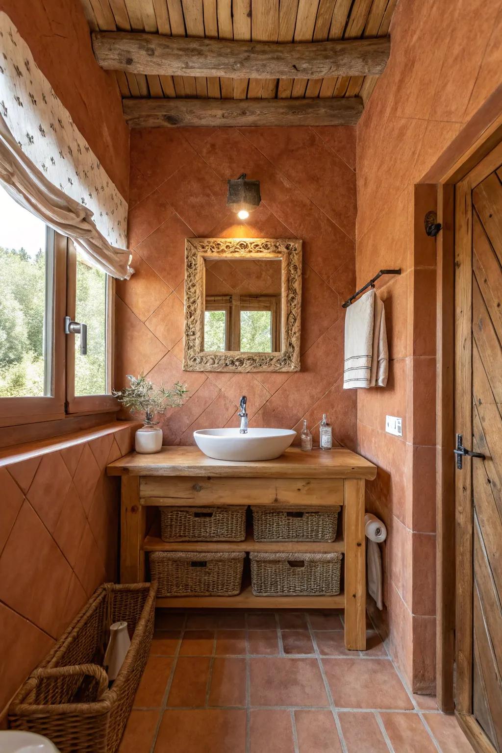Natural clay sensations bring warmth and rustic charm to the bathroom.