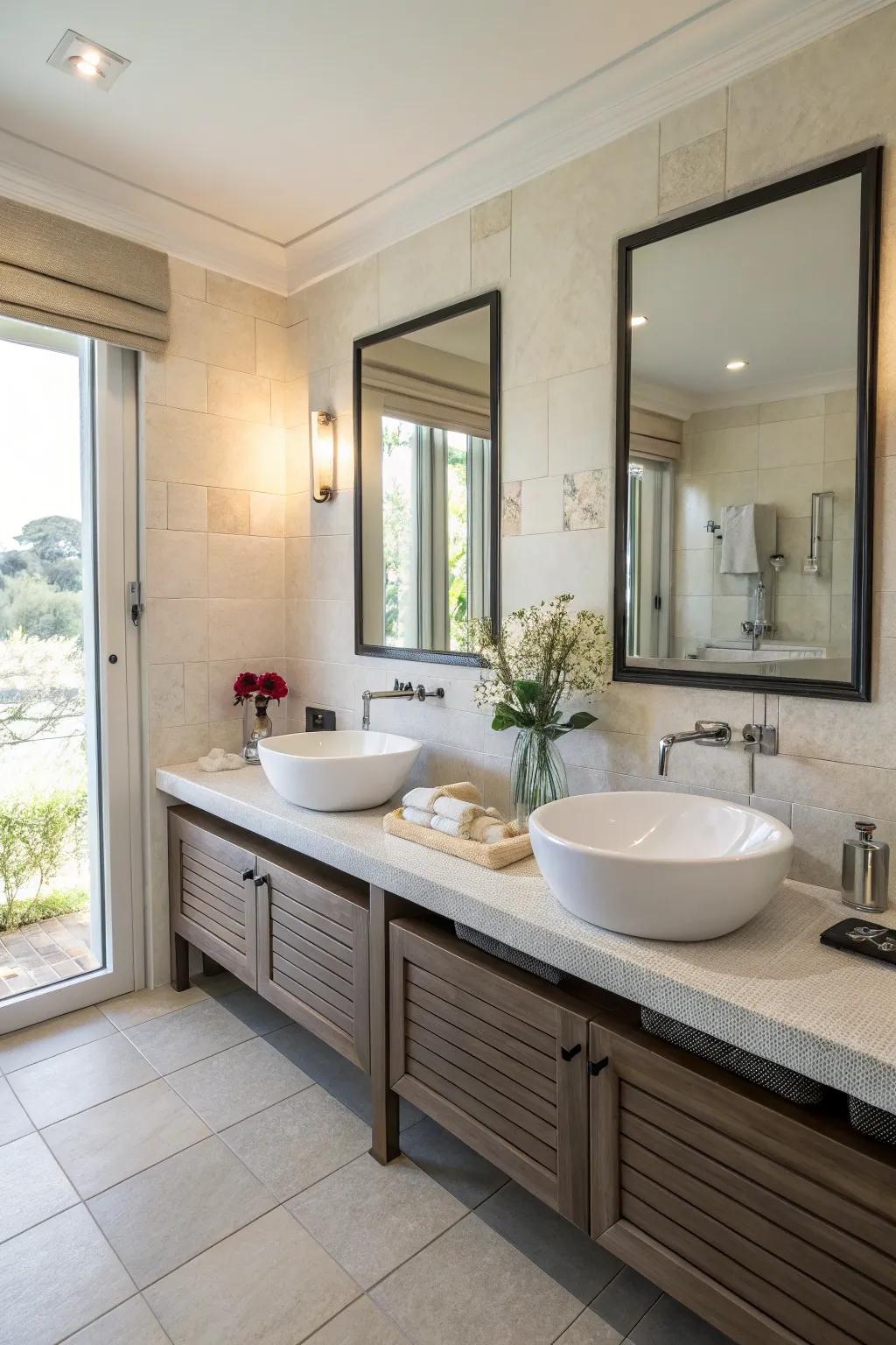 A bathroom furnished with double washing stations, ensuring convenience and style.
